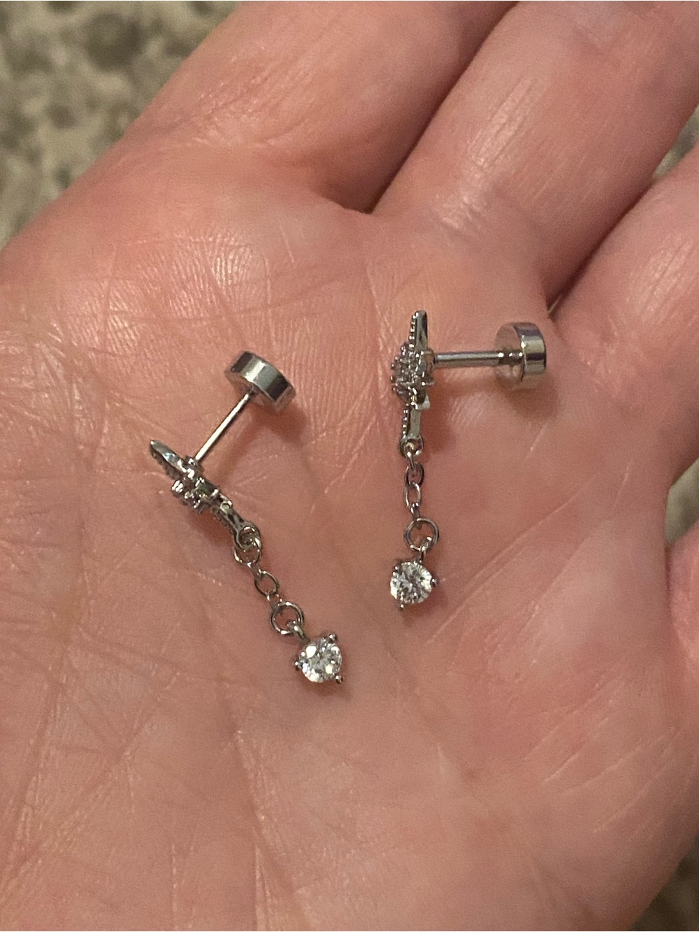 Delicate Silver Dangle CZ Barbell Earrings